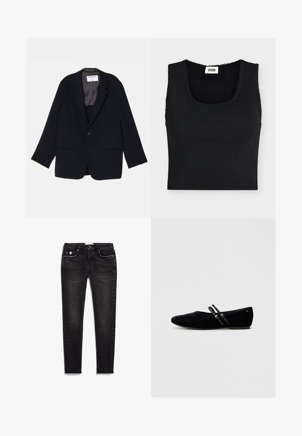 Zwarte blazer met een enkelvoudig ontwerp, twee voorkeurszakken en een zachte binnenvoering. Heeft een notch-split revers en een knoopsluiting.; Zwart geribbeld cropped tanktopje met brede bandjes en een vierkante halslijn, met een klein wit Drykorn merklabel binnenin de kraag.; Zwarte skinny jeans van denim met een klassiek vijf-pocket ontwerp, voorzien van subtiele wassing en contrasterende stiksels. Duurzaam, rekbaar materiaal.; Zwarte suede platte schoenen met een spitse neus, voorzien van twee verstelbare straps over de wreef en een lage, vlakke zool.