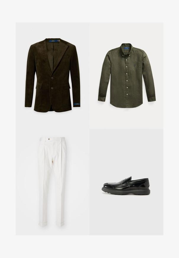 Blazer marrón oscuro de pana con dos botones, solapas con muesca, bolsillos de parche y etiqueta Polo Ralph Lauren en el interior del cuello y el puño de la manga.; Camisa de manga larga verde oliva con botones, cuello abotonado y pequeño logo azul bordado en el pecho izquierdo.; Pantalones blancos, ajustados, con un frente plano, dos pliegues y puños enrollados. Hechos de una tela suave con un cierre de botón en la cintura.; Mocasín de cuero negro con un acabado brillante, punta redondeada, detalles de costura sutiles y una suela de goma gruesa para mayor durabilidad.