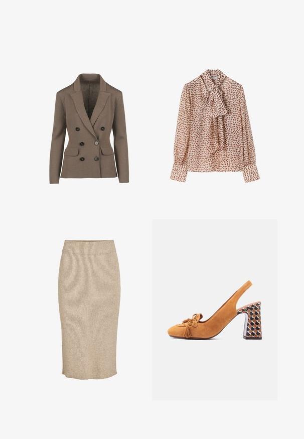 Dobbeltradet brun blazer i struktureret stof med slagkrave, fire sorte knapper og to frontlommer.; Langærmet beige bluse med rustfarvede prikker, der har et stort slips ved kraven og brede manchetter.; Strik nederdel i en lys beige farve med lodret ribbestruktur, knælang med elastisk talje og lige skæring.; Amber farvet ruskind slingback sko med rundt tåparti, pyntet med frynser, og en mønstret blokhæl med brune og hvide cirkler.