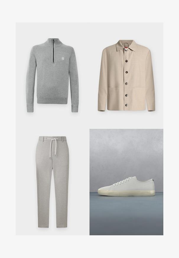Beige blouse met lange mouwen en knopen, een klassieke kraag en zes zichtbare donkere knopen, weergegeven tegen een effen witte achtergrond.; Grijze pullovertrui met een ritsluitbare opstaande kraag. Heeft lange mouwen, geribde manchetten en een kleine logopatch op de borst. Zachte gebreide textuur.; Lichtgrijze strak vallende broek met lussen voor een riem en een witte trekkoordstrik in de taille, afgebeeld tegen een effen achtergrond.; Witte leren sneaker met veters zwevend boven vierkante houten tegels en kleine stenen, met een boom en een grijze achtergrond.