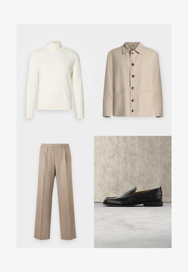 Beige langærmet skjorte med knapper, klassisk krave og seks synlige mørke knapper, vist mod en ensfarvet hvid baggrund.; Lys cremefarvet turtleneck sweater lavet af blødt stof, med lange ærmer og en tætsiddende silhuet, uden synlige mønstre eller udsmykninger.; Beige bukser med lige ben, elastisk talje og pressede folder foran på hvert ben.; Sort læder herreloafer med krokodillepræget forstykke og lav hæl, vist i profil på en neutral baggrund.