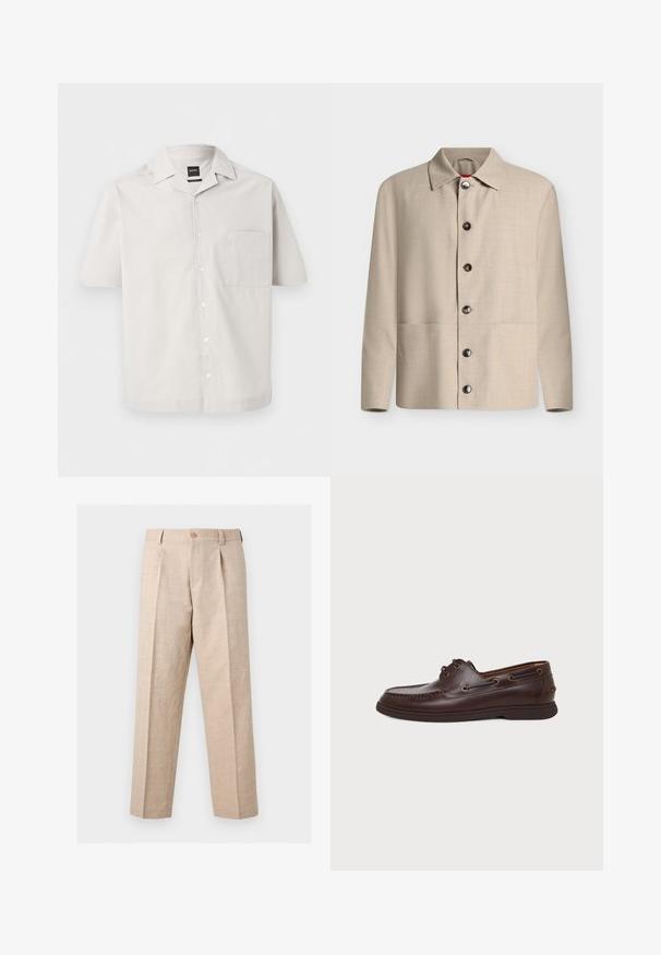 Chemise beige à manches longues boutonnée avec un col classique et six boutons foncés visibles, présentée sur un fond blanc uni.; Chemise gris clair à manches courtes avec boutons, poche poitrine et col plié, marquée "BOSS" sur la poche et l'étiquette du col.; Pantalon beige à jambes droites avec plis, fermeture par bouton, passants pour ceinture et coupe ajustée.; Chaussure bateau en cuir marron foncé avec œillets pour lacets, couture moc toe et semelle plate en caoutchouc sur un fond clair uni.