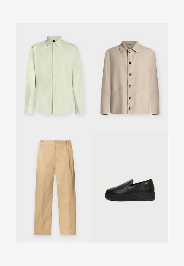 Chemise beige à manches longues boutonnée avec un col classique et six boutons foncés visibles, présentée sur un fond blanc uni.; Chemise boutonnée à manches longues vert clair avec col et logo discret « BOSS » sur la poitrine, présentée sur un fond uni.; Pantalon chino beige à jambe droite avec fermeture par boutons et zip, passants pour ceinture et poches latérales, étalé à plat sur un fond blanc.; Chaussure noire en cuir à enfiler avec semelle épaisse et petits trous de ventilation latéraux, avec un logo doré "HUGO" près du talon.