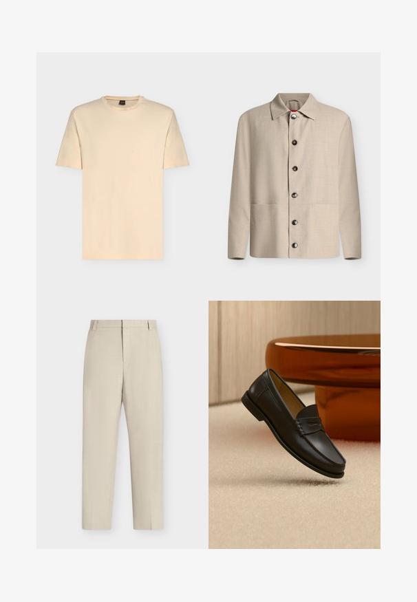 Chemise beige à manches longues boutonnée avec un col classique et six boutons foncés visibles, présentée sur un fond blanc uni.; T-shirt beige clair à manches courtes avec col rond et logo discret "BOSS" centré sur la poitrine.; Pantalon beige à jambe droite avec passants de ceinture, fermeture éclair à l’avant et coupe ajustée sur un fond blanc uni.; Chaussure mocassin en cuir noir suspendue au-dessus d’un tapis beige avec du mobilier moderne couleur ambre en arrière-plan.