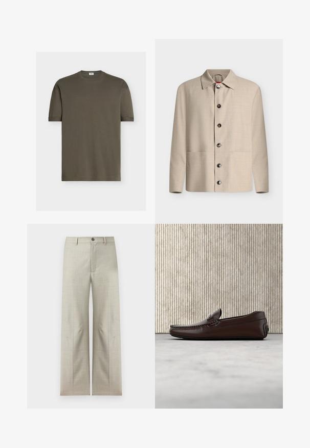 Chemise beige à manches longues boutonnée avec un col classique et six boutons foncés visibles, présentée sur un fond blanc uni.; T-shirt vert olive uni à manches courtes avec col rond et petite étiquette blanche à l'intérieur du col au dos.; Pantalon formel beige clair à jambes droites, fermeture avec bouton et fermeture éclair, passants pour ceinture, présenté sur un fond blanc.; Mocassins en cuir marron avec une finition lisse, des coutures de style mocassin, un bout rehaussé et une semelle en caoutchouc basse et flexible.