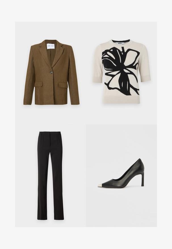 Blazer marron à un bouton avec revers crantés et deux poches à rabat à l'avant, présenté sur un fond clair uni.; DKNY GRAFFITI FLORAL - T-shirt imprimé - light city khaki/black; Pantalon noir sur mesure avec une coupe droite, deux plis à l'avant et une texture de tissu lisse. Pas de poches ni de matériel visible.; Chaussure à talon haut en cuir noir avec bout pointu et capuchon argenté métallique. Présente une finition lisse et un talon fin de 10 cm.
