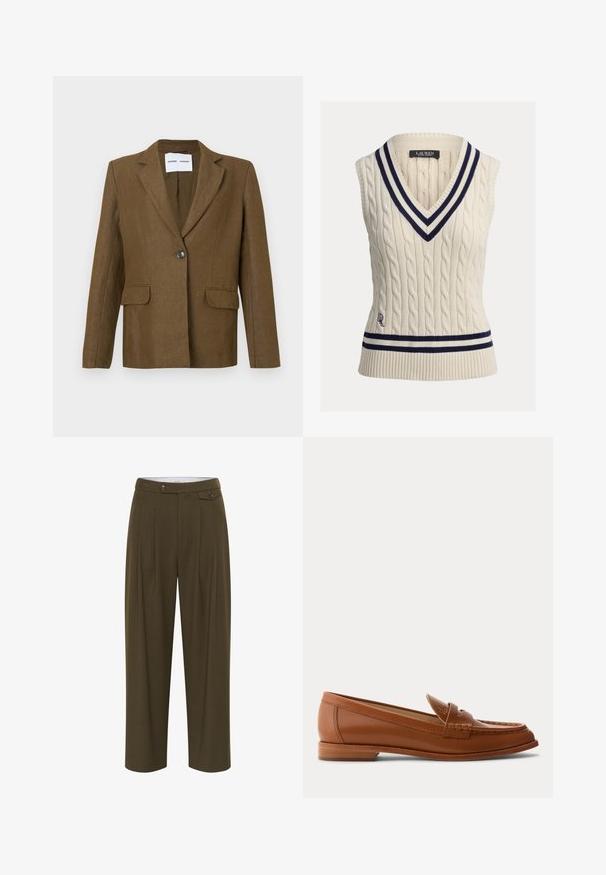 Blazer marron à un bouton avec revers crantés et deux poches à rabat à l'avant, présenté sur un fond clair uni.; Pull sans manches en maille torsadée couleur crème avec un décolleté en V profond. Orné d'un bord rayé bleu marine et blanc au niveau du col et de l'ourlet, avec un détail logo.; Pantalons vert olive taille haute avec plis, design à jambes droites, deux poches avant et fermetures à boutons.; Mocassin en cuir marron avec petit talon en bois, bride classique pour pièce et détails cousus le long de la pointe et des côtés.