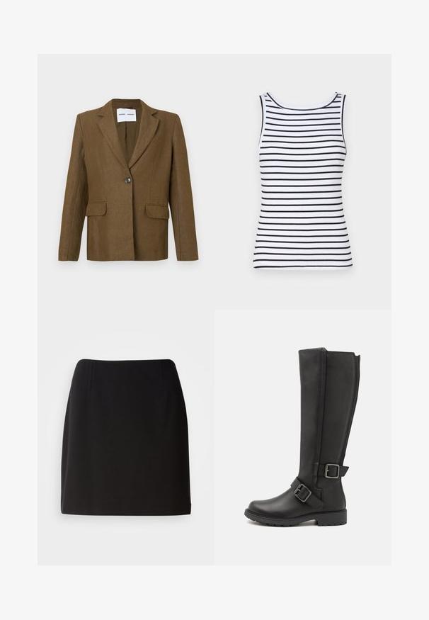Blazer marrón de un solo botón con solapas con muesca y dos bolsillos frontales con solapa, mostrado sobre un fondo claro y liso.; Camiseta sin mangas blanca con rayas horizontales negras, que presenta un escote redondo, textura acanalada y una silueta ceñida. Sin adornos ni detalles.; Falda negra con una silueta ajustada, hecha de una tela suave. Presenta sutiles pliegues frontales y un diseño de longitud a mitad del muslo.; Botas negras hasta la rodilla hechas de un material sintético liso, con punta redondeada, correas con hebillas y una suela texturizada para un mejor agarre.