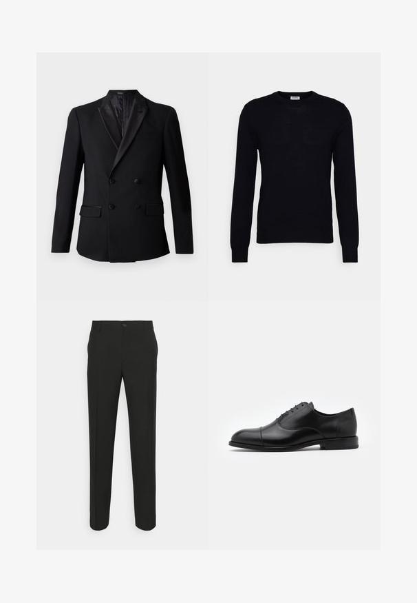 Zwarte dubbelgeknoopte blazer met een satijnen notch-lapel, twee voorzakken en een gestructureerde binnenvoering. Getailleerde pasvorm en zachte stof.; Zwarte lange mouwen trui gemaakt van zacht gebreid materiaal. Ronde halslijn, geribbelde manchetten en zoom. Minimalistisch ontwerp zonder zichtbare patronen of knopen.; Zwarte tailleurbroek met rechte snit, voorzien van een enkele knoopsluiting en ceintuurlussen. Glad, matte stof zonder patronen.; Zwarte leren dresschoenen met een ronde neus, vetersluiting en subtiele stikseldetails. Voorzien van een lage hak en een gladde textuur.