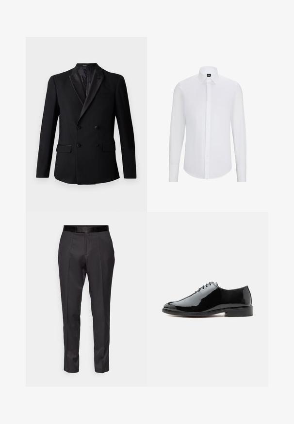 Sort dobbeltradet blazer med satin krave, to forlommer og en tekstureret indvendig foring. Skræddersyet pasform og glat stof.; Hvid langærmet skjorte med knaplukning og spidse krave, lavet af glat stof, med en front placket og afrundet kant.; Sorte skræddersyede bukser med slim fit, flad front og diskret glans. Har en glat sort talje og kantdetaljer langs benene.; Sort blank læderpumps med lukket snøring, lav hæl og glat rundet tå, vist fra ydersiden på en ensfarvet baggrund.