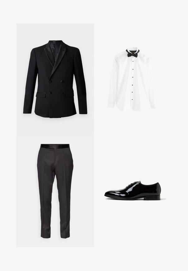 Blazer negro de doble botonadura con solapas de satén, dos bolsillos frontales y un forro interior texturizado. Corte entallado y tejido suave.; Camisa de vestido de manga larga blanca con corbata de lazo de satén negro, con botones negros y un diseño clásico de collar. Textura suave.; Pantalones negros ajustados con un corte slim, frente plano y un brillo sutil. Presentan una cinturilla negra suave y detalles de pliegue a lo largo de las piernas.; Zapato de vestir oxford de cuero negro brillante con cordones finos y tacón bajo apilado, mostrado en perfil lateral sobre un fondo blanco.