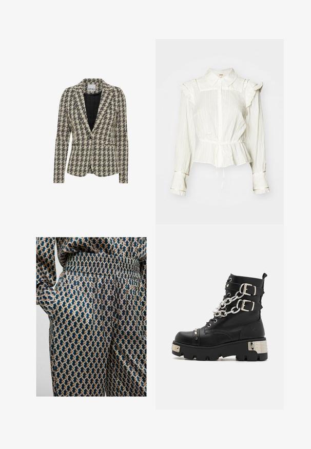 Blazer à motif pied-de-poule en beige et noir, coupe ajustée, fermeture à un bouton, revers crantés et deux poches avant.; Chemisier blanc à manches longues avec épaules volantes, patte de boutonnage à l'avant, taille péplum et détail à nouer. Il présente un tissu texturé et légèrement froissé.; Pantalon à motifs en tissu lisse présentant un design géométrique en bleu marine, crème et marron clair, avec une taille élastique.; Koi Footwear SHACKLED SHADOWS HEAVY DUTY CHAIN - Bottines de cowboy / motard - black