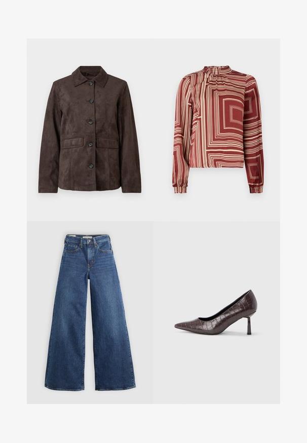 Braune Wildlederjacke mit einem Kragenhals, vorderem Knopfverschluss und zwei seitlichen Taschen. Besitzt eine glatte Textur und eine klassische Passform.; Langärmlige Bluse mit hohem Kragen, bordeauxfarbenem Stoff mit cremefarbenen geometrischen Linien und gerafften Manschetten für eine lockere Passform.; Weite blaue Jeans aus Denim mit fünf Taschen, einem Knopfverschluss und Kontrastnähten, die eine weiche und strukturierte Oberfläche aufweisen.; Braune Pumps mit spitz zulaufender Spitze aus Kunstleder in Krokodiloptik, mit schlankem, eckigem Absatz und glatter Innenfütterung.
