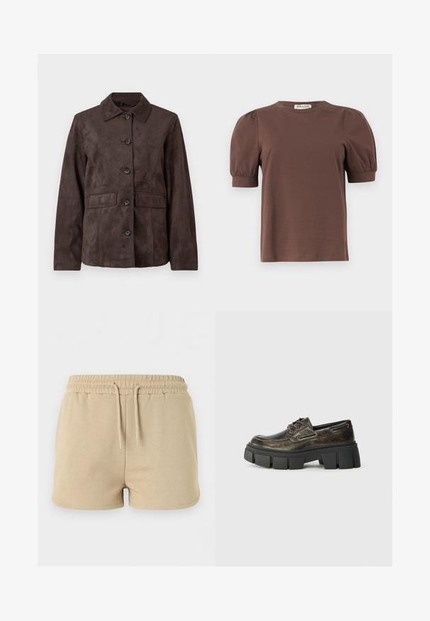 Veste en daim marron avec un col, fermeture à boutons sur le devant et deux poches latérales. Possède une texture lisse et une coupe classique.; Chemise marron à manches courtes avec manches bouffantes et poignets côtelés, col rond et petite étiquette "AWARE" à l'arrière du col.; Short beige en coton avec taille élastique et cordon à l’avant, conçu pour un usage décontracté.; Chaussure en cuir marron foncé à lacets avec une épaisse semelle noire chunky, surface texturée, et couture mocassin sur fond lisse.