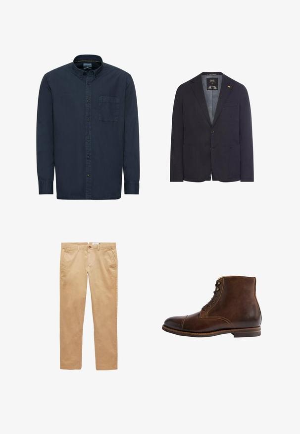 Enkeltknappet mørk marineblå blazer med to knapper, to forlommer og en notch krave.; Mørkeblå skjorte med knapper lavet af bomuld. Har en standard krave, lange ærmer, en enkelt brystlomme og subtile syninger.; Beige bomuldsbukser med lige ben, bæltestropper, forlommer og knaplukning.; Brune læder ankelstøvle med rund tå, snørelukning, kontraststikning og en glat overflade. Flad sål og minimale detaljer.