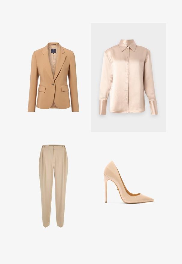 Beige blazer met één knoop en notch revers, twee voorklepzakken en een gestreept satijnen voering, slim fit.; Satin blouse in zacht beige met een klassieke kraag, lange mouwen, knoopsluiting aan de voorkant en een licht oversized pasvorm. Gladde textuur, minimale details.; Beige op maat gemaakte broeken met riemlussen, rechte pijpen en een verborgen voorknopen, gepresenteerd op een witte achtergrond.; Naaktkleurige pumps van lakleer met hoge hak, puntige neus, slank silhouet en een stilettohak, met een gladde, glanzende textuur.