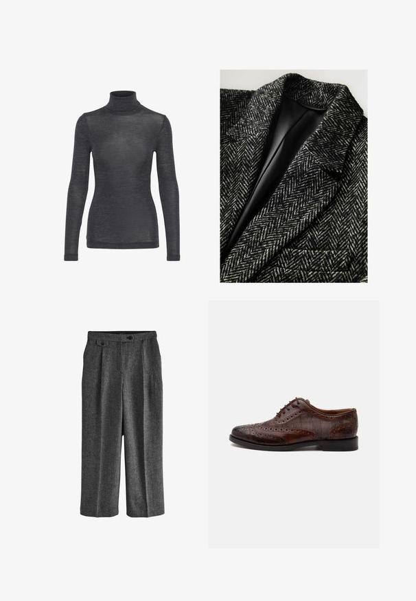 Blazer met houndstoothpatroon in zwart en wit wol, voorzien van een gelapt revers en een enkele zak met een gladde zwarte voering.; Langharige turtleneck top in donkergrijs, met een zachte textuur en een subtiele glans, in een getailleerde pasvorm.; Next REGULAR FIT N PREMIUM WIDE LEG PLEATED - Pantalon - grey; Bruine leren herenschoen met vleugelstuk, brogue-details en geruite stoffen zijpanelen, zijaanzicht op een witte achtergrond.