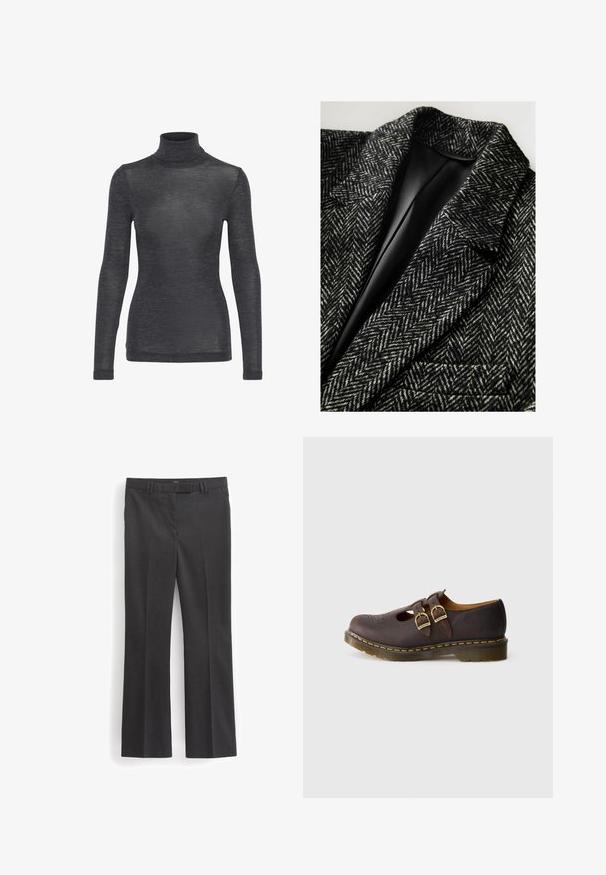 Blazer s houndstooth vzorom v čierno-bielej vlne, s klopovým golierom a jednou kapsou s hladkým čiernym podšívkou.; Dlhý rukáv, košeľa s vysokým golierom v tmavo šedej farbe, s hladkou textúrou a jemným leskom, v priliehavom strihu.; Next TAILORED - Nohavice chinos - grey; Tmavo hnedá kožená topánka s dvojitými sponami, perforovaným dizajnom špičky a hrubou priesvitnou podrážkou so žltým prešívaním.