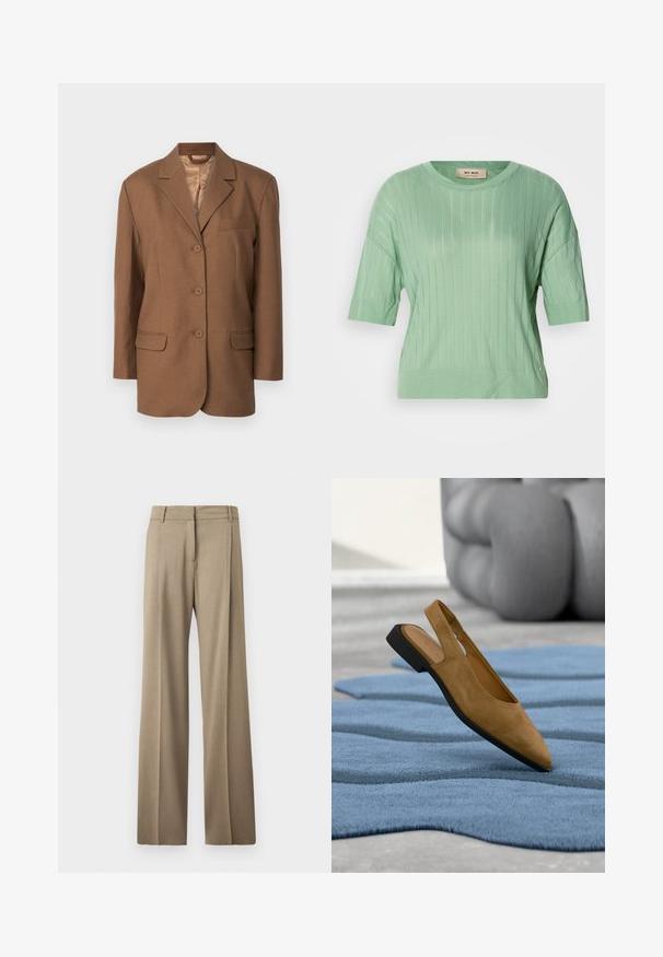 Blazer marron avec un col cranté, fermeture à un bouton, deux poches avant et une poche poitrine. Texture lisse et design structuré.; Pull court vert menthe à manches courtes avec une texture côtelée, un col rond et une coupe légèrement ample. Présente un petit accent logo sur le côté.; Pantalons large en tissu brun clair. Ils présentent une texture lisse, des plis bien pressés et une ceinture à l'avant plate.; Chaussure plate à bride arrière en daim couleur fauve avec un bout pointu reposant sur un tapis bleu texturé, avec une sculpture en pierre grise floue en arrière-plan.