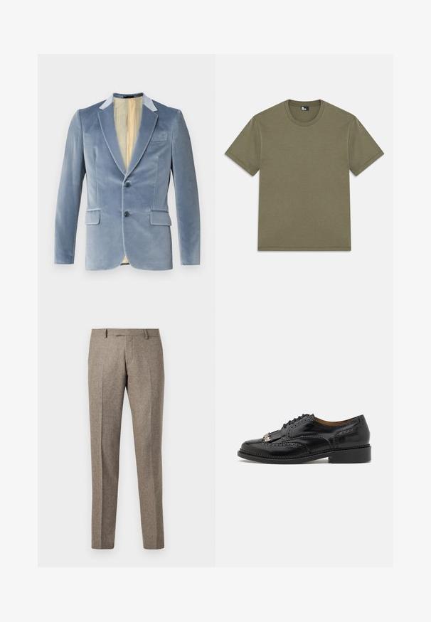 Blazer en velours bleu clair avec deux boutons, revers en pointe et deux poches avant. L'intérieur est doté d'une doublure crème. Texture très douce.; T-shirt en coton olive, manches courtes, encolure arrondie, coupe droite, texture douce, sans motifs, design minimaliste, étiquette à l'intérieur de l'encolure.; Pantalons en mélange de laine marron avec une coupe droite, présentant une texture subtile et des plis, terminés par une taille classique.; Chaussure oxford en cuir noir avec des détails en brogue, design à lacets, finition brillante et talon bas. Présente un accent décoratif avec un gland.