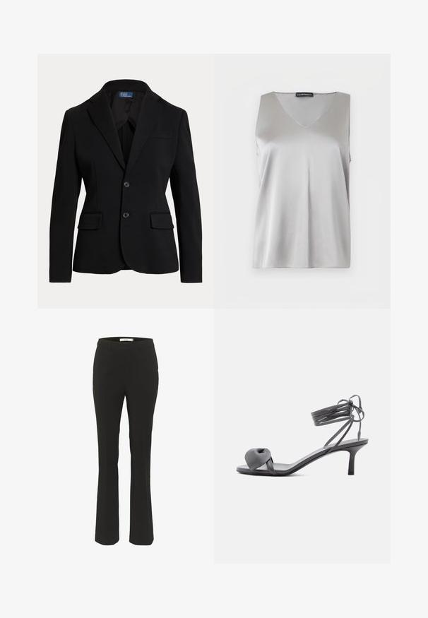 Sort skræddersyet blazer med to forreste klaplommer, to knapper, notched revers og en lille brystlomme på en hvid baggrund.; Sølvfarvet satin ærmeløs top med V-hals og Emporio Armani-mærke på en hvid baggrund.; Sorte skræddersyede bukser med slim fit, flagrende bund, glat front og ingen synlige lommer. Fremstillet af glat stof med minimale sømme.; Grå læder sandal med hæl, knyttet rem ved tæerne og snørebånd, der vikles om anklen, på slank mellemhøj hæl mod hvid baggrund.