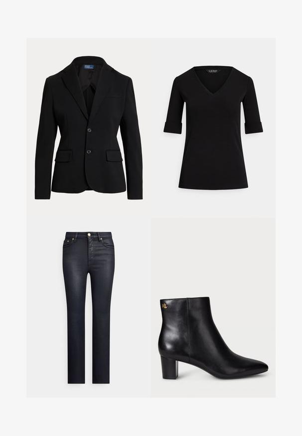 Schwarzer maßgeschneiderter Blazer mit zwei vorderen Klappentaschen, zwei Knöpfen, Revers mit Kerbe und einer kleinen Brusttasche auf weißem Hintergrund.; Schwarzes V-Ausschnitt-T-Shirt mit dreiviertel Ärmeln, versehen mit umgeschlagenen Bündchen und einer glatten Stoffstruktur. Das Etikett trägt die Aufschrift "LAUREN."; Marineblaue Denim-Jeans mit schmaler Passform, ausgestattet mit goldfarbenen Details, fünf Taschen und einer glatten Textur. Klassisches Design mit geraden Beinen.; Schwarze Leder-Stiefelette mit spitzer Zehe und Blockabsatz. Verfügt über ein Gold-Logo-Detail auf der Rückseite. Glatte Textur mit einem eleganten Design.