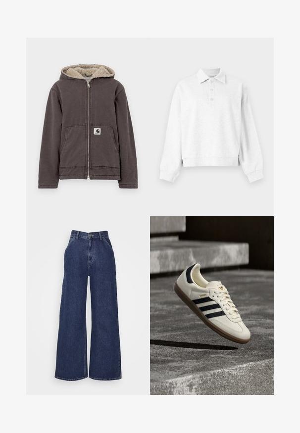 Grå lynlåstrøje med hætte, med beige kunstpelsfor, to forlommer og et lille logo på venstre lomme.; Lysegrå pullover med lange ærmer, krave og tre knapper på slidserne, ribbede manchetter og en let cropped kant.; Bredde denimjeans i mørkeblå, med høj talje, for- og baglommer samt lynlås med metalknap. Glat tekstur og klassisk design.; Hvid Adidas Samba sneaker med sorte striber og gummsål, svævende over teksturerede grå betonstrin.