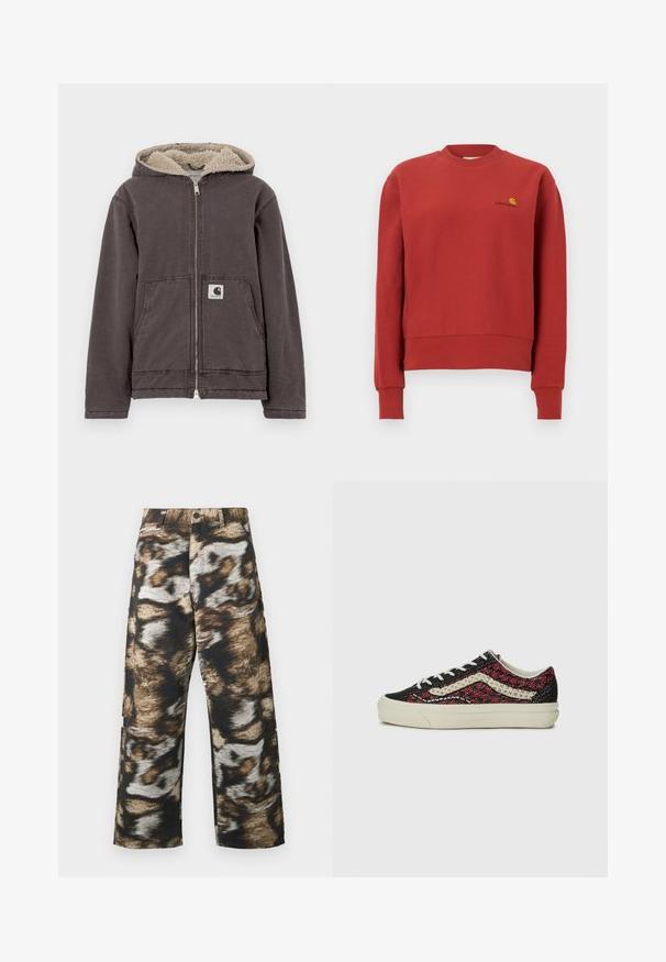 Chaqueta gris con cremallera y capucha, con forro interior de piel sintética beige, dos bolsillos delanteros y un pequeño parche con el logo en el bolsillo izquierdo.; Sudadera roja con cuello redondo, mangas largas y puños acanalados, con un pequeño logo de Carhartt amarillo y negro en el pecho izquierdo.; Pantalones de pierna ancha con un patrón abstracto audaz en tonos negro, marrón y crema. Confeccionados con un tejido texturizado y cintura alta.; Vans OLD SKOOL 36 UNISEX - Zapatillas - bordeaux