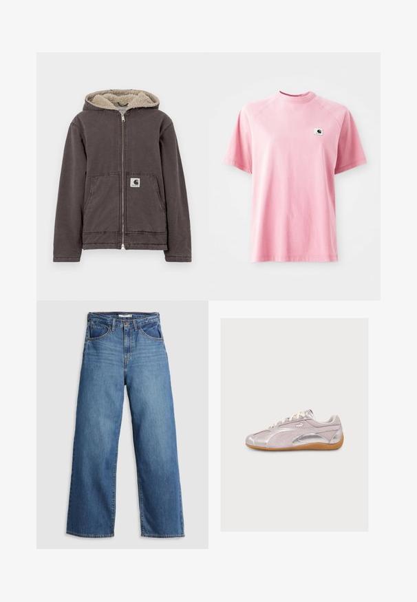 Grijze ritsjas met een capuchon, voorzien van een beige nepbontvoering, twee voorzakken en een klein logo op de linkerzak.; Roze katoenen t-shirt met een ronde hals en korte mouwen. Bevat een klein vierkant logo-patch op de linkerborst. Glad textuur.; Blauwe denim wijdvallende jeans met hoge taille, voorzien van vijf zakken, contrasterende stiksels en een ritssluiting.; Lichtroze Puma-sneaker met witte veters, metallic zilveren accenten en een bruine rubberen zool, zijaanzicht op een witte achtergrond.