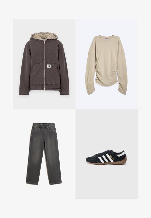 Grijze ritsjas met een capuchon, voorzien van een beige nepbontvoering, twee voorzakken en een klein logo op de linkerzak.; Beige shirt met lange mouwen en een ronde hals, met oversized mouwen en geplooide zijkanten, plat neergelegd op een witte achtergrond.; Grijze wijde jeans van denim. Heeft vijf zakken, een sluiting met een knoop en ritssluiting aan de voorkant, en subtiele vervaging op de stof.; Zwarte suède sneaker met drie witte strepen, een rubberen gumzool en een klein gouden logo aan de zijkant. Heeft een gladde zwarte binnenvoering.