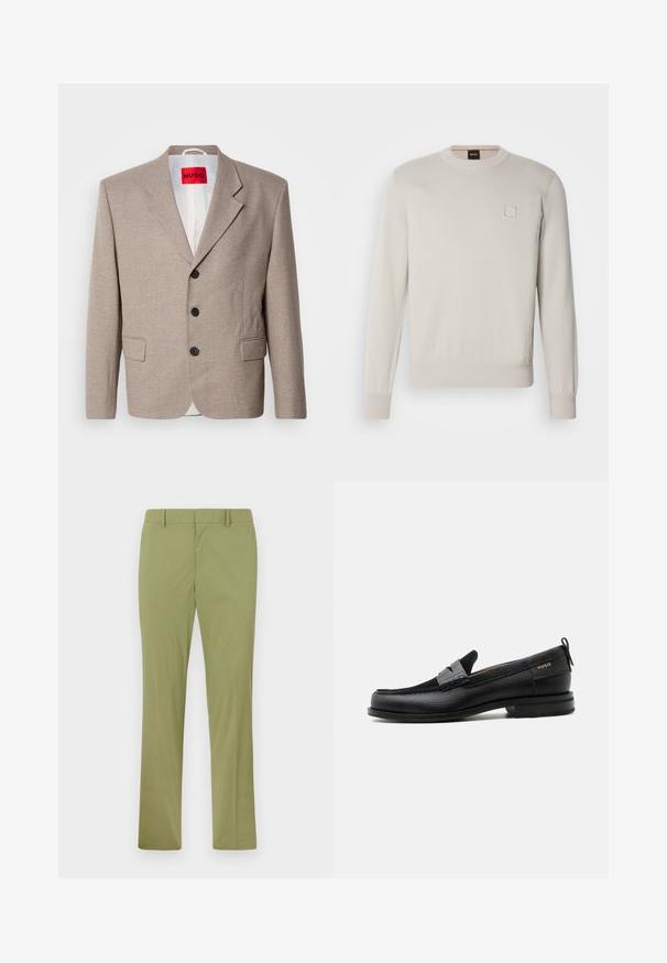 Blazer beige ajustado con hombros estructurados, diseño de un solo botón, tres botones negros, dos bolsillos frontales y etiqueta HUGO en rojo.; Suéter de punto de color beige claro con mangas largas, escote redondo, dobladillo y puños acanalados, que presenta un pequeño logo rectangular en el pecho.; Pantalones ajustados de color verde oliva con trabillas para cinturón, cremallera frontal y perneras rectas, extendidos sobre un fondo claro.; Mocasín de cuero negro con detalle de tira gris, tacón bajo y suela texturizada, con la marca "HUGO" en oro en el lateral.