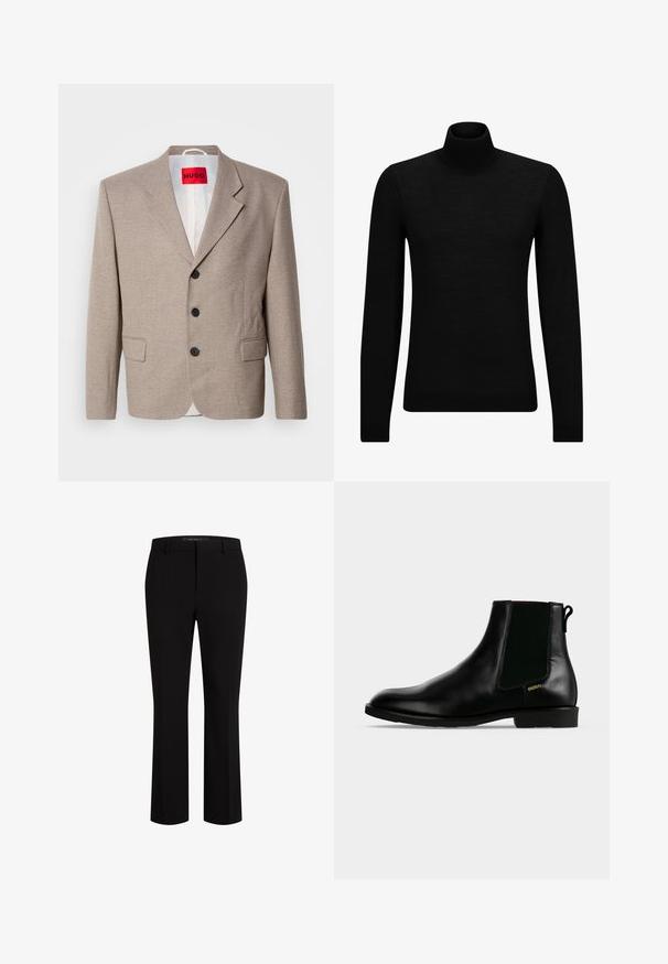 Beige skræddersyet blazer med strukturerede skuldre, enslydende design, tre sorte knapper, to frontlommer og HUGO-mærke i rød.; Sort turtleneck sweater lavet af blødt materiale, med lange ærmer og en tætsiddende pasform. Ribbet trim ved kanten og manchetter. Simpelt design.; Sorte skræddersyede bukser lavet af glat stof, med en lige ben-design, bælte løkker og front-lommer for ekstra funktionalitet.; Sort læder ankelstøvle med elastisk sidelæpanel, lav hæl, trækflig bagpå og lille gyldent "HUGO" logo på ydersiden.