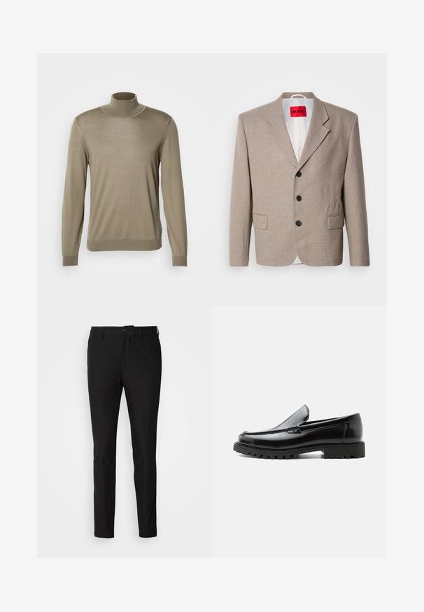 Blazer beige ajustado con hombros estructurados, diseño de un solo botón, tres botones negros, dos bolsillos frontales y etiqueta HUGO en rojo.; Suéter de cuello alto beige, hecho de una tela delgada y acanalada. Mangas largas con puños ajustados y un dobladillo recto en la parte inferior. Diseño simple, sin patrones.; Pantalones negros de corte ajustado, con cierre de botón, cremallera y dos bolsillos frontales. Tejido suave con un acabado mate.; Mocasín de cuero negro con suela de goma gruesa, empeine cosido y nombre de la marca en relieve en el talón, mostrado en perfil lateral sobre fondo blanco.