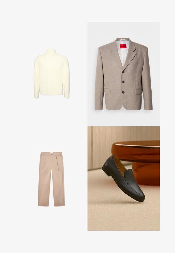 Beige skræddersyet blazer med strukturerede skuldre, enslydende design, tre sorte knapper, to frontlommer og HUGO-mærke i rød.; Kremfarvet langærmet højhalset sweater med ribbet manchetter og et diskret logo på brystet, vist på en ensfarvet hvid baggrund.; Kakhi bukser lavet af bomuld med lige ben-design, der har to forlommer, en knaplukning og en klassisk pasform.; Sort læder loafer sko, der hviler på beige tæppe med et blankt brunt rundt bord i baggrunden.