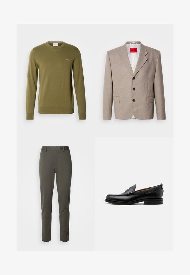 Beige skræddersyet blazer med strukturerede skuldre, enslydende design, tre sorte knapper, to frontlommer og HUGO-mærke i rød.; Olivengrøn striktrøje med rund hals, lange ærmer og ribstrikkede manchetter og kant. Har et lille broderet logo på brystet.; Olivenfarvede bukser lavet af strækbart stof, med en knaplukket talje, slim fit og lige ben uden mønstre eller fremtrædende hardware.; Sort læder herre loafer med moc-tå syning, penny strop, struktureret krave og lav stablet hæl på hvid baggrund.