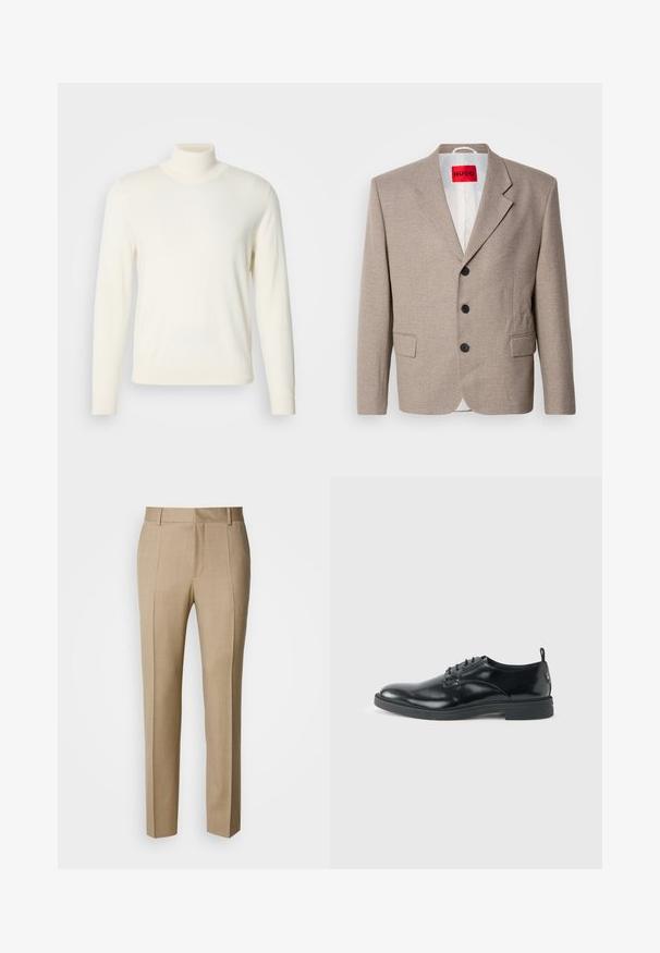Beige skræddersyet blazer med strukturerede skuldre, enslydende design, tre sorte knapper, to frontlommer og HUGO-mærke i rød.; Lys cremefarvet turtleneck sweater lavet af blødt stof, med lange ærmer og en tætsiddende silhuet, uden synlige mønstre eller udsmykninger.; Beige skræddersyede bukser i tekstureret stof med flad front og lige ben. Har sidelommer og bæltestropper, der giver et poleret udtryk.; Blank sort læder dresssko med lav hæl, snørelukning og rund tå, vist fra siden på ensfarvet lys baggrund.