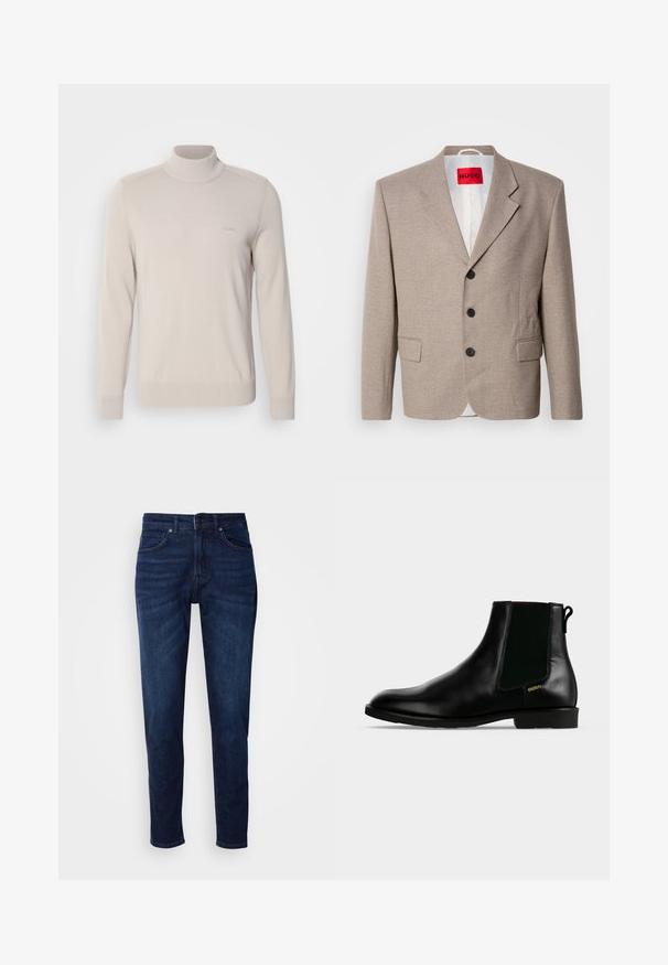 Beige op maat gemaakte blazer met gestructureerde schouders, een enkelgesloten ontwerp, drie zwarte knopen, twee voorzakken en HUGO-label in het rood.; Lichtbeige coltrui van zachte stof. Voorzien van geribde manchetten en zoom, met een subtiele logo op de borst. Klassiek ontwerp.; Donkerblauwe denim jeans met een rechte pijpdesign, voorzien van zakken en een knoopsluiting bij de taille. Zachte textuur, minimale vervagingdetails.; Zwarte leren enkellaars met elastische zijpaneel, lage hak, trek lus aan de achterkant en klein gouden "HUGO" logo aan de buitenkant.