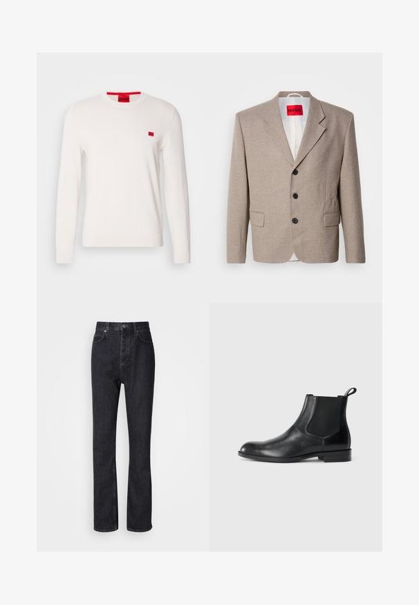 Veste beige ajustée avec épaules structurées, design à un seul bouton, trois boutons noirs, deux poches avant et étiquette HUGO en rouge.; Pull en col rond blanc avec des manches longues, fabriqué en tissu doux. Il présente un petit patch logo rouge sur la poitrine et une étiquette rouge contrastante sur le col.; Jean en denim noir taille haute avec fermeture à bouton et à glissière, poches avant et arrière, et coupe droite.; Bottine en cuir noir avec des panneaux latéraux élastiques, bout rond et tirette. Texture lisse, semelle plate, design minimaliste.
