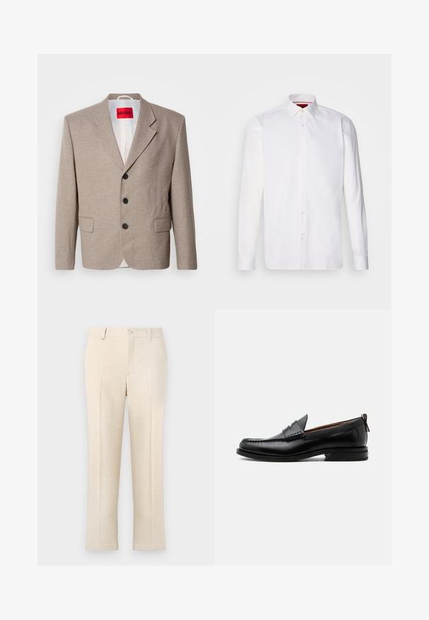Veste beige ajustée avec épaules structurées, design à un seul bouton, trois boutons noirs, deux poches avant et étiquette HUGO en rouge.; Chemise blanche à manches longues en coton, avec un col classique, une patte de boutonnage à l'avant et une texture lisse. Détail rouge à l'intérieur du col.; Pantalons beige ajustés en tissu texturé, avec une fermeture éclair, deux poches avant, et une coupe slim droit.; Mocassin homme en cuir noir avec couture moc toe, bride penny, col texturé et petit talon empilé sur fond blanc.