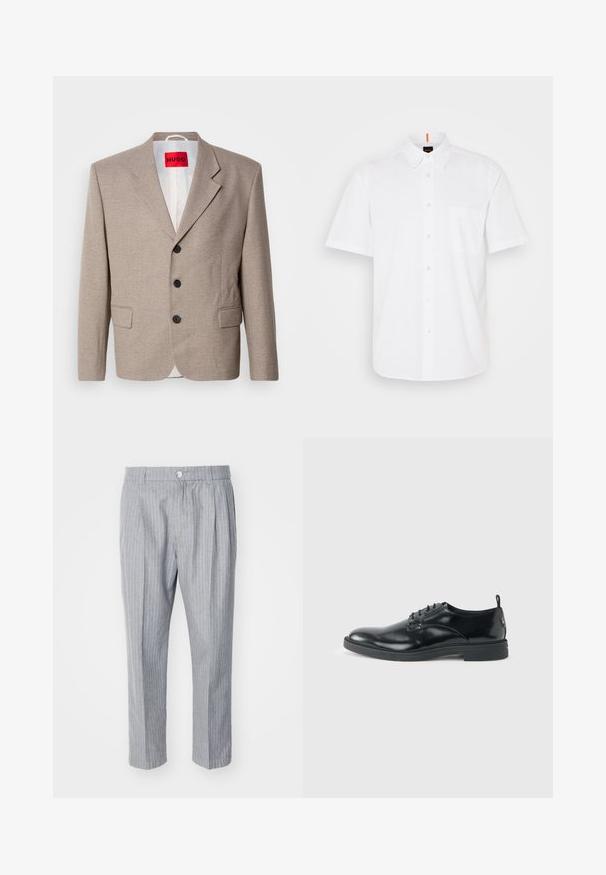 Beige skræddersyet blazer med strukturerede skuldre, enslydende design, tre sorte knapper, to frontlommer og HUGO-mærke i rød.; Hvid kortærmet skjorte med knapper lavet af bomuld, med en enkelt brystlomme, klassisk krave og subtile syningsdetaljer.; Gråstribede bukser med plisseret front, lavet af et let materiale. Har knaplukning og lige ben.; Blank sort læder dresssko med lav hæl, snørelukning og rund tå, vist fra siden på ensfarvet lys baggrund.