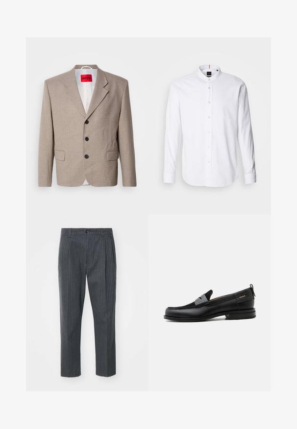 Beiger maßgeschneiderter Blazer mit strukturierten Schultern, einreihigem Design, drei schwarzen Knöpfen, zwei Vordertaschen und rotem HUGO-Label.; Weißes langärmliges Hemd mit Stehkragen, Knopfleiste und abgerundetem Saum. Aus Baumwolle gefertigt, mit einer glatten Textur und dezentem Glanz.; Graue Nadelstreifen-Hosen mit geradem Bein, ausgestattet mit einem Knopfverschluss und glattem Stoff. Taillierte Passform mit Falten.; Schwarzer Lederloafer mit grauem Riemendetail, niedrigem Absatz und strukturierter Sohle, seitlich mit „HUGO“ in Gold gebrandmarkt.