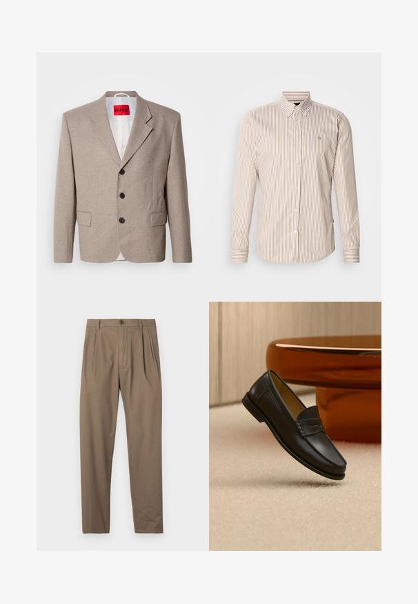 Veste beige ajustée avec épaules structurées, design à un seul bouton, trois boutons noirs, deux poches avant et étiquette HUGO en rouge.; Chemise à boutons rayée beige et marron clair. Manches longues, col classique, boutons sur le devant, et petit logo sur la poitrine. Tissu en coton.; Pantalons plissés marron en tissu doux, dotés d'une fermeture éclair et d'un bouton à l'avant, avec une coupe droite et une texture lisse.; Chaussure mocassin en cuir noir suspendue au-dessus d’un tapis beige avec du mobilier moderne couleur ambre en arrière-plan.