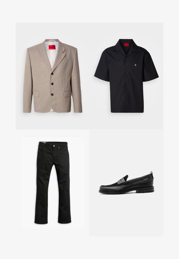 Beige skræddersyet blazer med strukturerede skuldre, enslydende design, tre sorte knapper, to frontlommer og HUGO-mærke i rød.; Kortærmet sort skjorte lavet af bomuld. Har en spidse krave, frontknaplukning og et lille logo på venstre bryst. Glat tekstur.; Sorte denim jeans med lige ben, fem lommer, metalknaplukning og diskrete syninger. Glat tekstur og ensfarvet.; Sort læderloafer med grå remdetalje, lav hæl og tekstureret sål, mærket med "HUGO" i guld på siden.