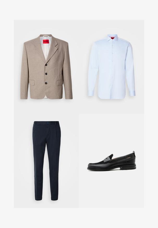 Beige skræddersyet blazer med strukturerede skuldre, enslydende design, tre sorte knapper, to frontlommer og HUGO-mærke i rød.; Lyseblå langærmet skjorte med knapper, spredt krave, rund kant og hvide knapper. Glat stof med en subtil glans.; Mørkeblå bukser lavet af bomuldsblanding, med lige pasform, frontfolder og knaplukning i taljen. Glat tekstur, ingen mønstre.; Sort læderloafer med grå remdetalje, lav hæl og tekstureret sål, mærket med "HUGO" i guld på siden.