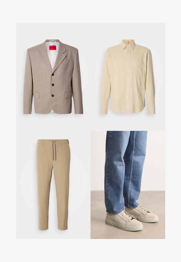 Veste beige ajustée avec épaules structurées, design à un seul bouton, trois boutons noirs, deux poches avant et étiquette HUGO en rouge.; Chemise en velours côtelé beige à manches longues avec col, poche avant, fermeture à boutons et texture de lignes verticales. Ourlet arrondi et poignets à boutons.; Pantalons beiges fuselés avec une taille élastique et un cordon de serrage. Tissu lisse avec un design épuré et sans motifs ni accessoires visibles.; BOSS GARYTENN_SDHDEL - Baskets basses - natural ten