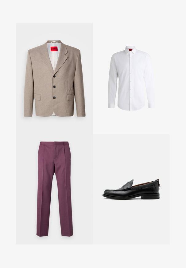 Beige op maat gemaakte blazer met gestructureerde schouders, een enkelgesloten ontwerp, drie zwarte knopen, twee voorzakken en HUGO-label in het rood.; Witte overhemden van soepel materiaal met een klassieke kraag, lange mouwen en een afgeronde zoom. Voorzien van beige knopen aan de voorkant.; Paarse, gestreepte broek met rechte pijpen, een getailleerd ontwerp en voorzakken. Gemaakt van lichtgewicht stof, met riemlussen en een krijtstreep aan de voorkant.; Zwarte leren herensloffen met moc toe stiksel, pennyriem, gestructureerde kraag en lage gestapelde hak op witte achtergrond.