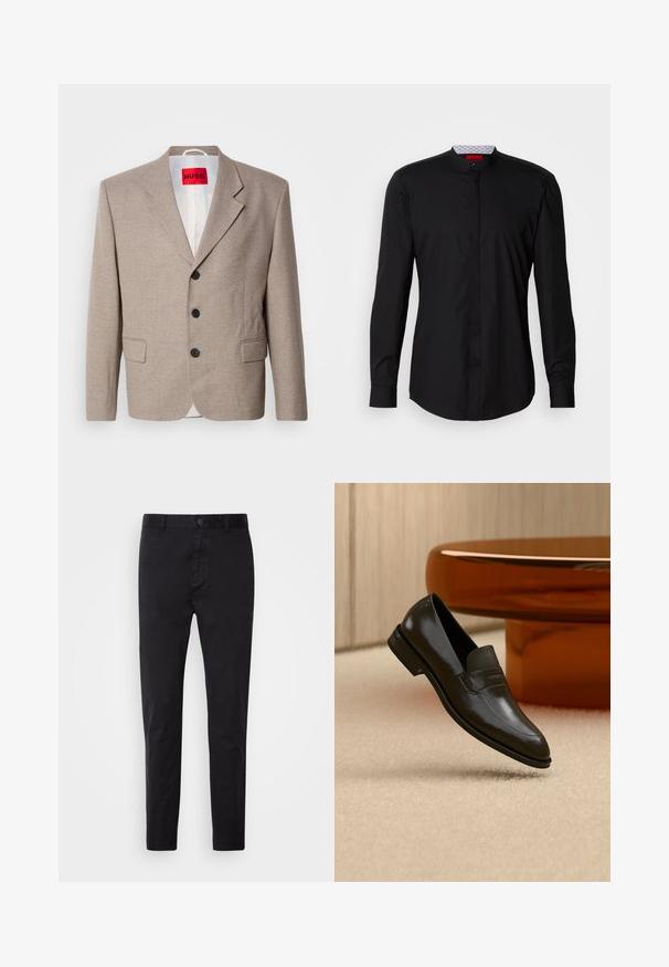 Veste beige ajustée avec épaules structurées, design à un seul bouton, trois boutons noirs, deux poches avant et étiquette HUGO en rouge.; Chemise noire à manches longues avec col mandarin, confectionnée dans un tissu lisse, dotée d'une patte de boutonnage à l'avant et de détails de design subtils.; Chinos noirs avec une texture lisse, fermeture à bouton et design fuselé. Idéal pour une tenue décontractée ou semi-formelle.; Mocassin en cuir noir au design élégant, doté d'une bande texturée et d'une finition lisse. Présenté sur un fond doux et clair.