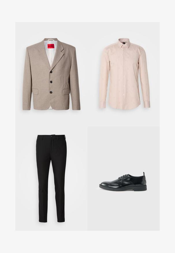 Blazer beige ajustado con hombros estructurados, diseño de un solo botón, tres botones negros, dos bolsillos frontales y etiqueta HUGO en rojo.; Camisa de manga larga color rosa claro con cuello abotonado, sutil patrón de rayas y motivos circulares bordados.; Pantalones negros de corte ajustado, con cierre de botón, cremallera y dos bolsillos frontales. Tejido suave con un acabado mate.; Zapato de vestir negro de cuero brillante con tacón bajo, cierre de cordones y puntera redonda, mostrado de lado sobre un fondo claro y liso.