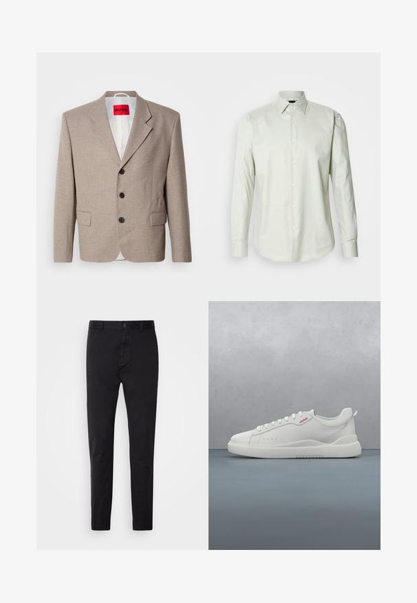 Blazer beige ajustado con hombros estructurados, diseño de un solo botón, tres botones negros, dos bolsillos frontales y etiqueta HUGO en rojo.; Camisa de manga larga verde claro con cuello estructurado, textura lisa y tapeta frontal con botones blancos.; Chinos negros con una textura suave, cierre de botón y diseño ajustado. Ideales para un look casual o semi-formal.; Zapatilla blanca con un acabado de cuero liso, punta redonda, cuatro ojales, perforaciones sutiles y un detalle de logo rojo en el lateral.