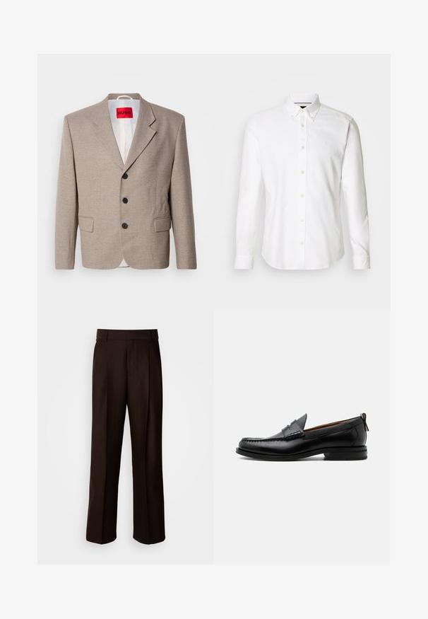 Beige skræddersyet blazer med strukturerede skuldre, enslydende design, tre sorte knapper, to frontlommer og HUGO-mærke i rød.; Hvid langærmet skjorte med knaplukning ved kraven, lavet af glat stof, med et diskret logo på brystet og knaplukning.; Brune skræddersyede bukser med lige ben, featuring en frontfold, glat texture og klassisk talje. Egnet til formelt brug.; Sort læder herre loafer med moc-tå syning, penny strop, struktureret krave og lav stablet hæl på hvid baggrund.
